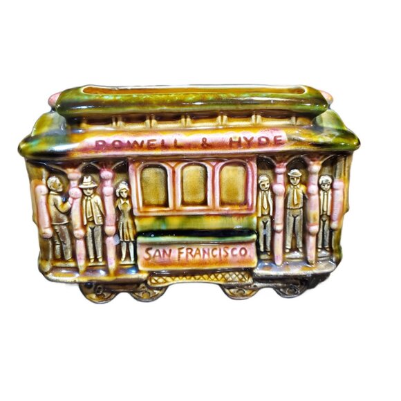 Vintage 1970s Glazed Trolley Ceramic Planter San Francisco CA Cable Car - Picture 1 of 4